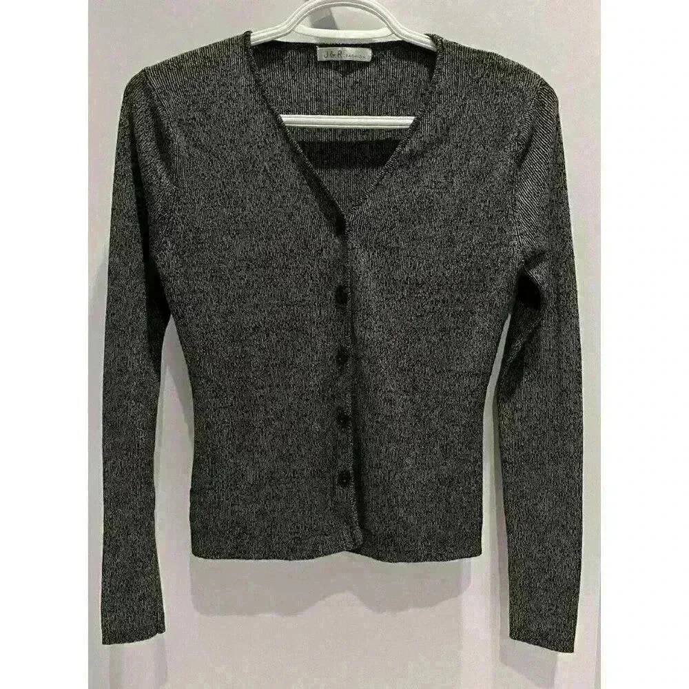 Dark Charcoal Marled Knit V-Neck Button Down Fitted Cardigan